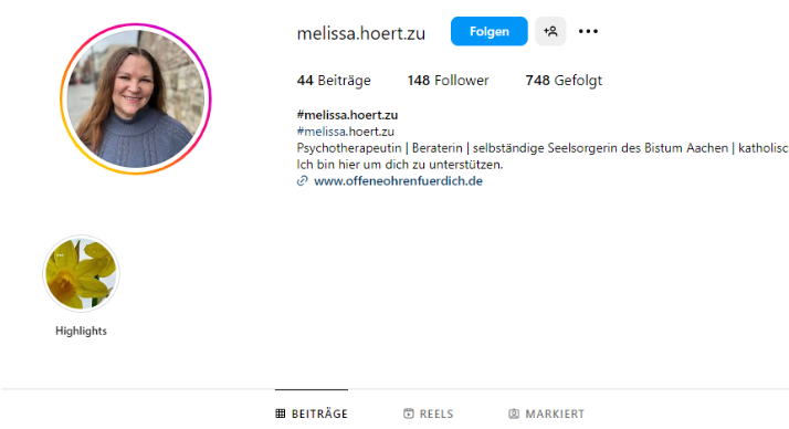 Profil einer digitalen Streetworkerin für Einsame auf Instagram