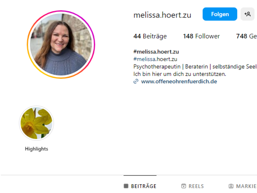Profil einer digitalen Streetworkerin für Einsame auf Instagram