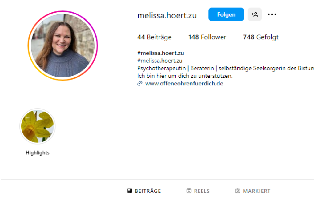 Profil einer digitalen Streetworkerin für Einsame auf Instagram