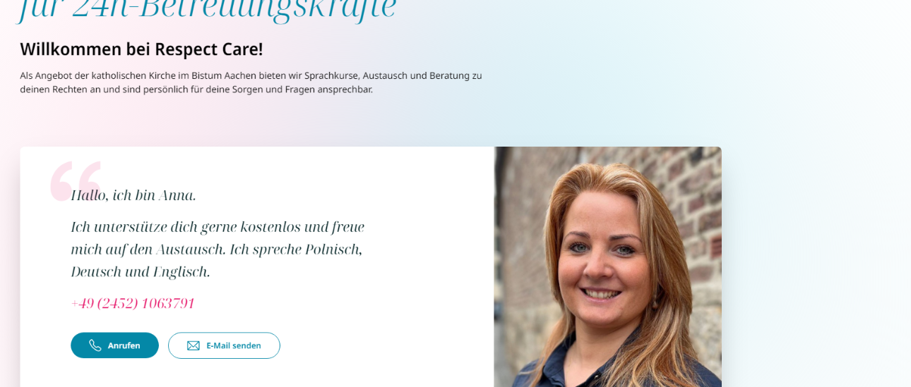 Landingpage der Seelsorgerin als Ansprechperson für häusliche Betreuungkräfte