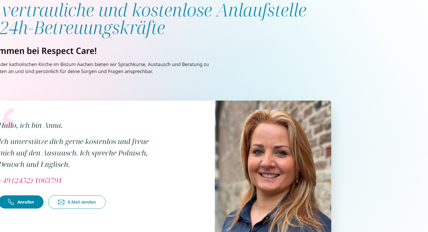 Landingpage der Seelsorgerin als Ansprechperson für häusliche Betreuungkräfte