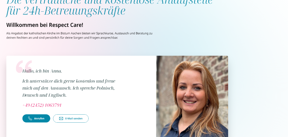Landingpage der Seelsorgerin als Ansprechperson für häusliche Betreuungkräfte