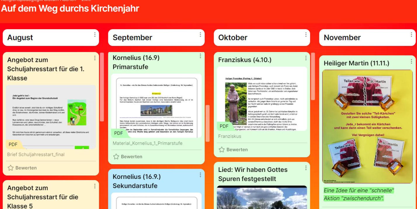 Ausschnitt TaskCards-Pinnwand zum Kirchenjahr