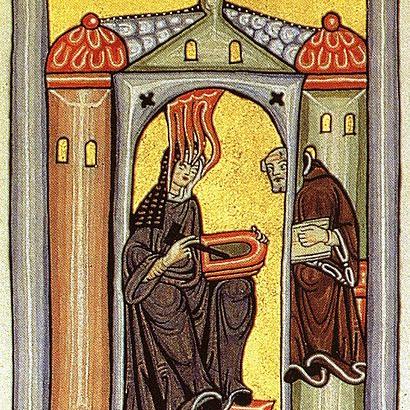 Hildegard von Bingen empfängt eine göttliche Inspiration.  - Miniatur aus dem Rupertsberger Codex des Liber Scivias.