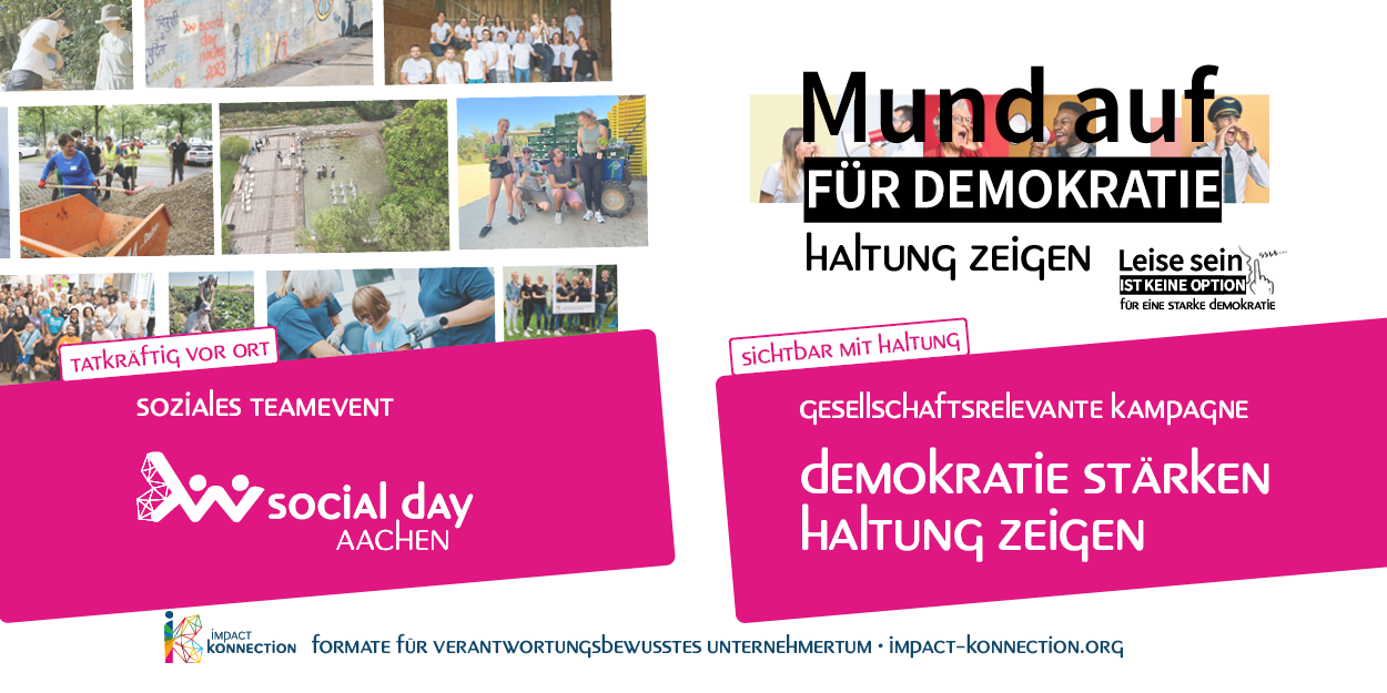 Bild zu einer gemeinsamen Kampagne zur Stärkung der Demokratie, Collage zeigt verschiedene Situationen, in denen sich Mitarbeiter von Unternehmen in sozialen Einrichtungen engagieren