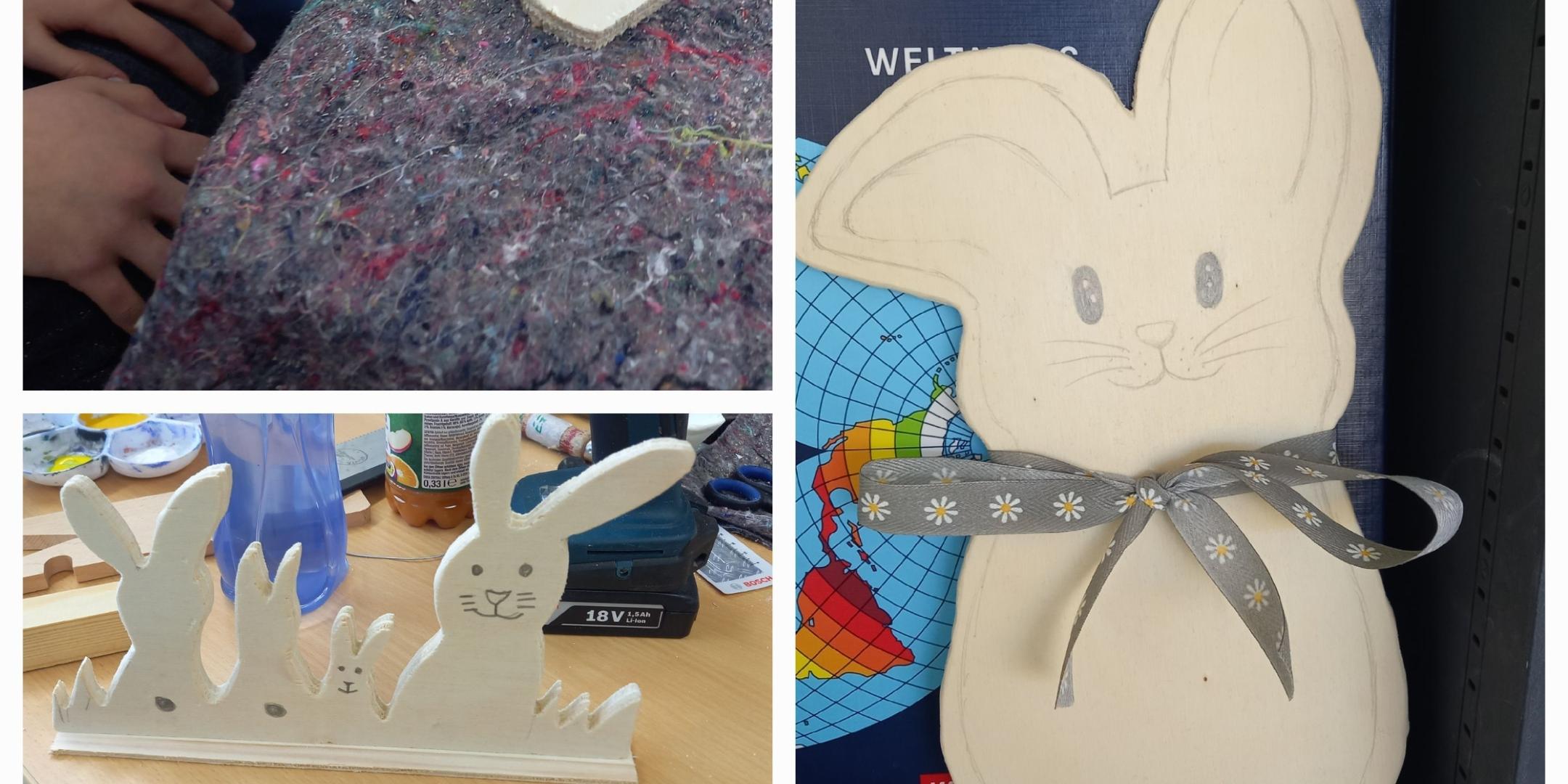 Hasen aus Holz , selbst gefertigt von der Schülerinnen