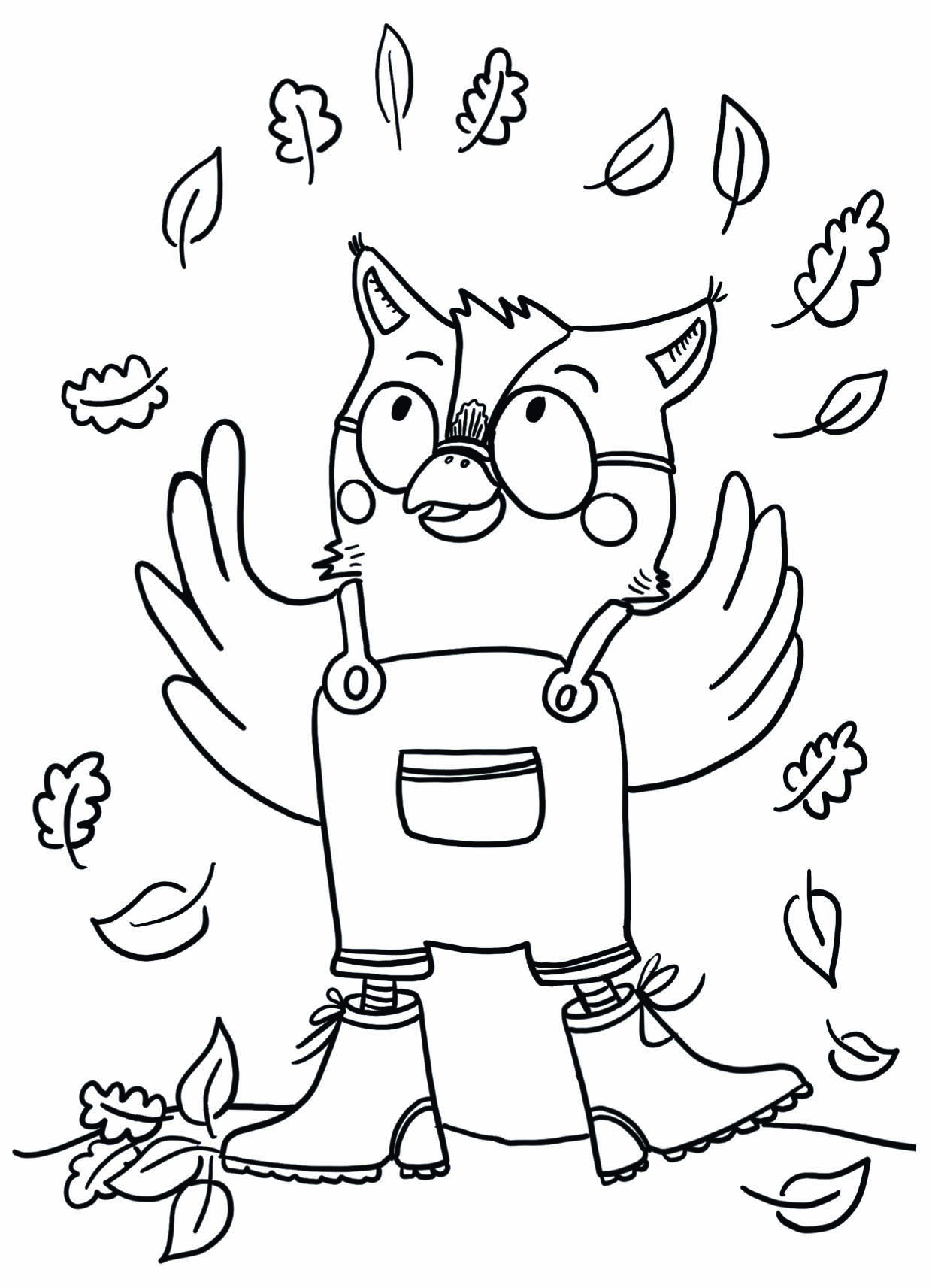 Eule im Laub als Ausmalbild