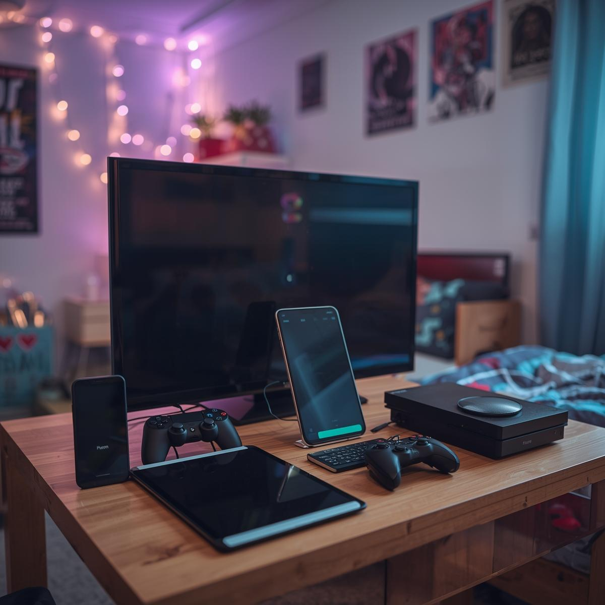 Handy, Tablet, Computer, Fernseher, Spielekonsole in einem Zimmer