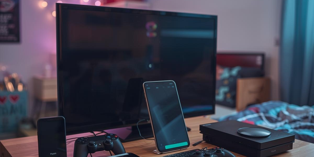Handy, Tablet, Computer, Fernseher, Spielekonsole in einem Zimmer