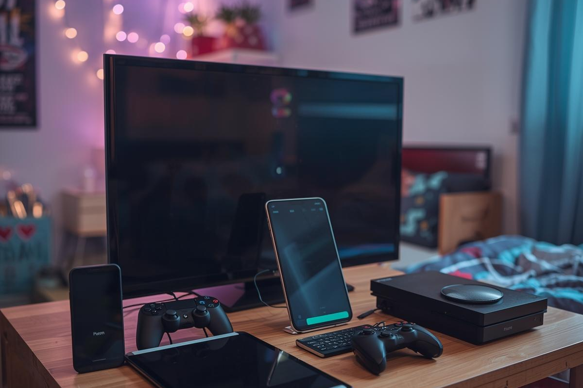 Handy, Tablet, Computer, Fernseher, Spielekonsole in einem Zimmer