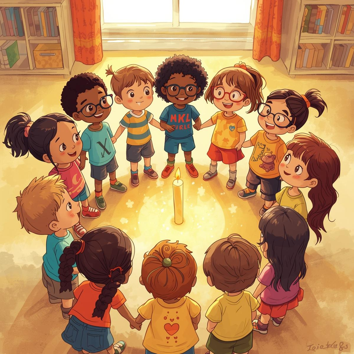 Kindergruppe um eine Kerze stehend