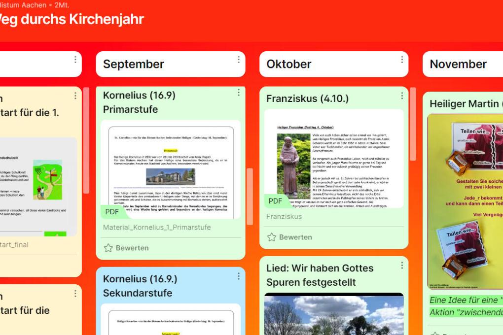 Ausschnitt TaskCards-Pinnwand zum Kirchenjahr