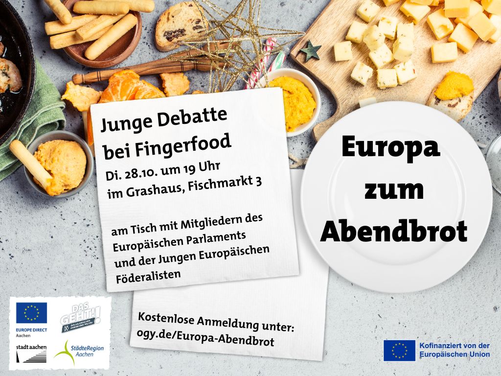 Bild von angerichteten Lebensmitteln zum Knabbern mit der Einladung 'Junge Debatte bei Fingerfood'