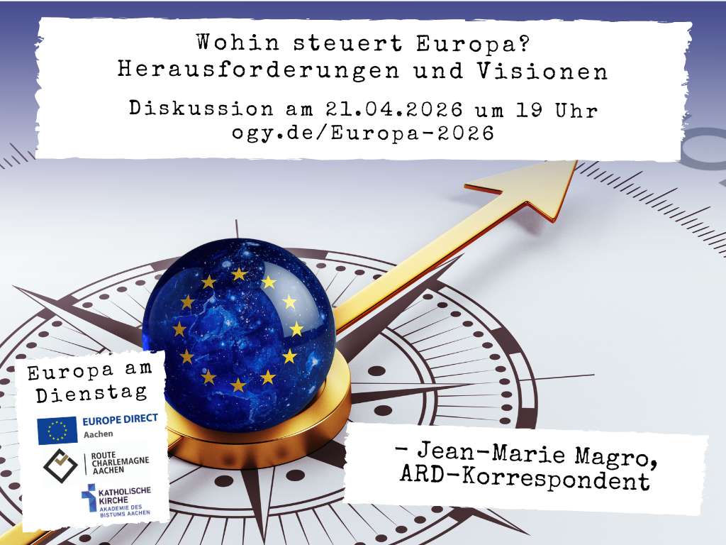 Textfeld 'Wohin steuert Europa? Herausforderungen und Visionen' mit Veranstaltungsdaten über einem Bild eines Kompasses.