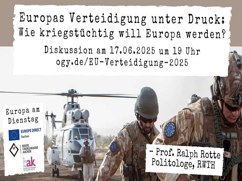 Europas Verteidigung unter Druck: Veranstaltungsankündigung mit einem Bild, das Soldaten zeigt.