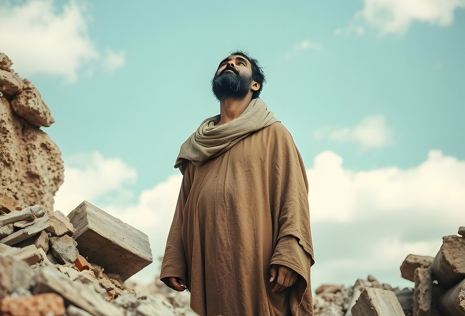 Prophet steht zwischen Trümmern Jerusalems und blickt hoffnungslos in den Himmel.
