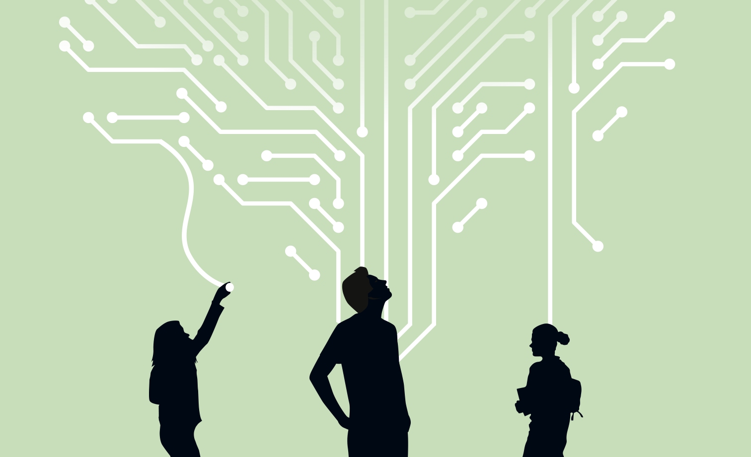 Drei Menschen, dargestellt in Silhouetten, schauen und zeigen zu einem gezeichneten Netzwerk. Es ist ein Ausschnitt aus dem Buchcover von Christian Uhle.