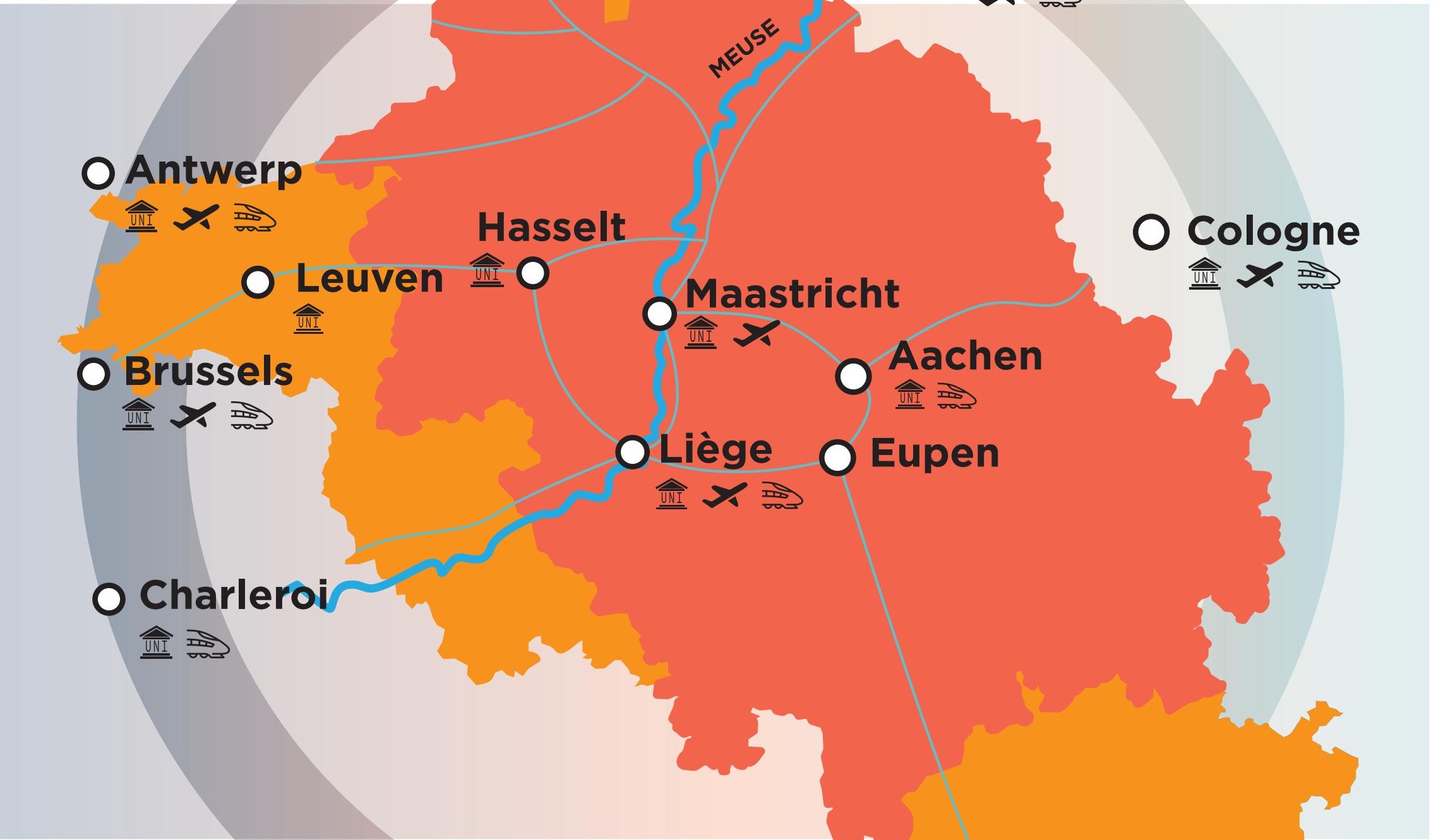 Landkarte der Euregio Maas-Rhein zwischen Antwerpen (Nordwesten), Charleroi (Südwesten) und Köln (Osten).