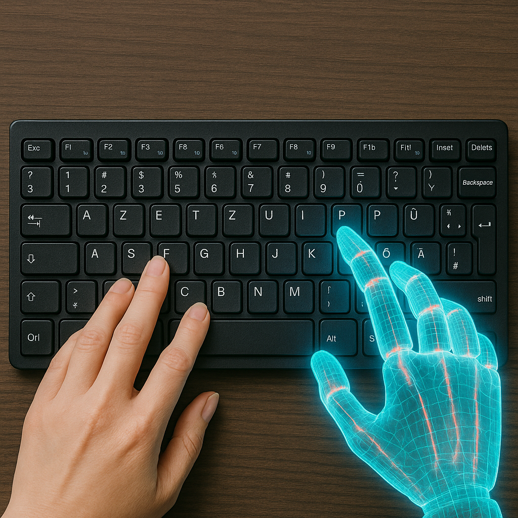 Eine Laptoptastatur wird von zwei Händen bedient, links eine Menschenhand, rechts eine Roboterhand.