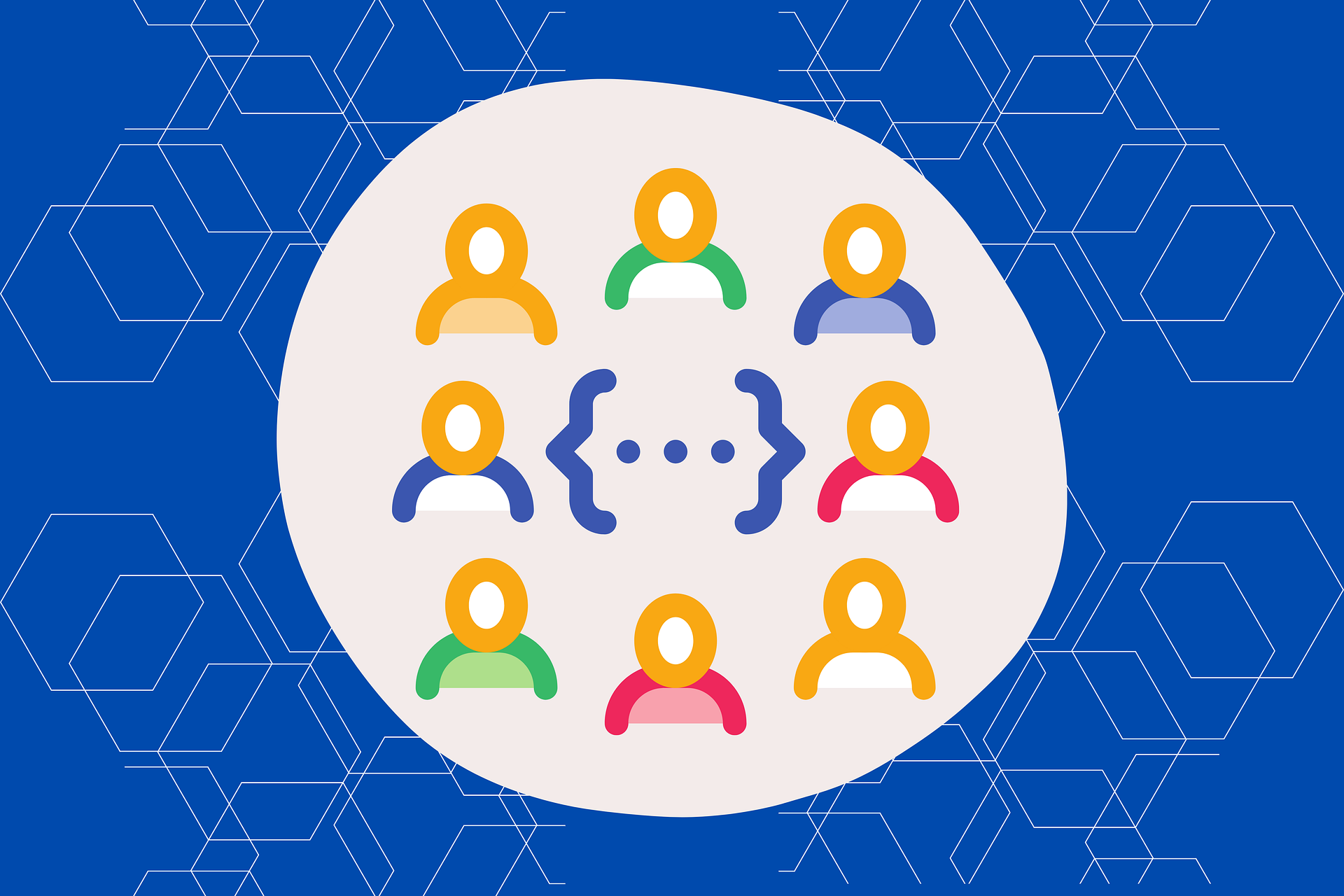 Menschen, stilisiert gezeichnet, in der Mitte eine Klammer mit drei Pünktchen wie eine Sprechblase.