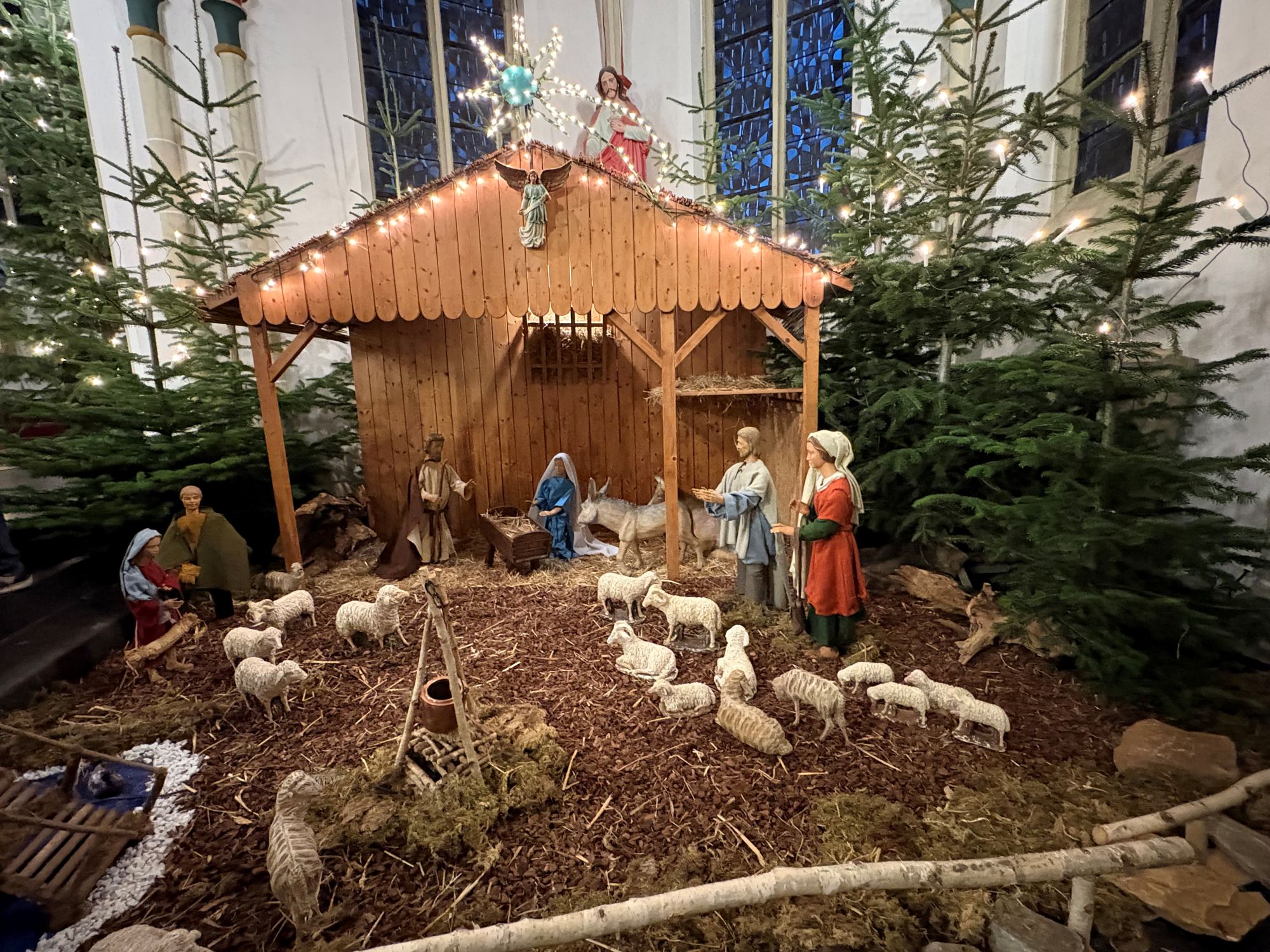 Maria und Josef haben den Stall schon mit Ochs und Esel bezogen. Auch die Hirten und die Schafe sind schon da. Alle warten auf das Kind.