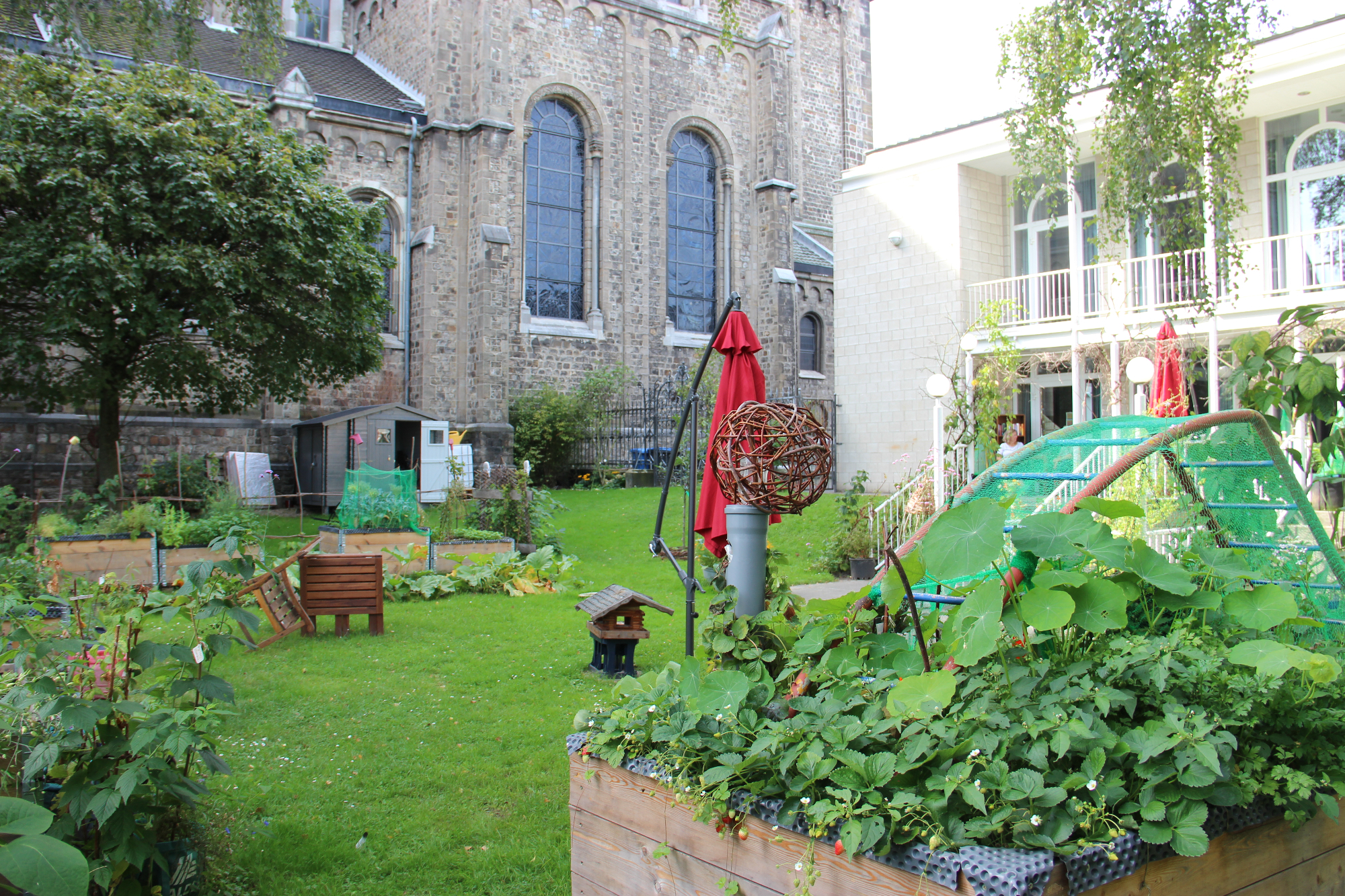 Zwischen Jakobskirche und Jakobushaus ist ein Gemeinschaftsgarten entstanden mit vielen Gemüsebeeten und gemütlichen Ecken.