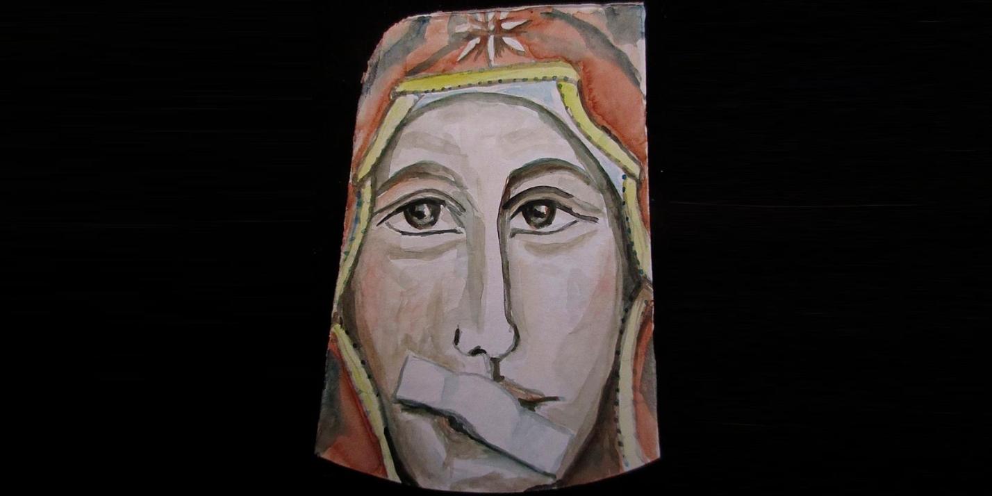 Maria mit einem zugeklebten Mund. Bis zum Kirchenstreik im Mai malt Lisa Kötter jeden Tag ein Frauenbild, das sie Frauen widmet, die zum Schweigen gezwungen wurden und werden. Eine Legende erzählt, dass der heilige Bernhard Maria Stillschweigen geboten habe auf Grund des Pauluszitats, dass die Frau in der Kirche zu schweigen habe.