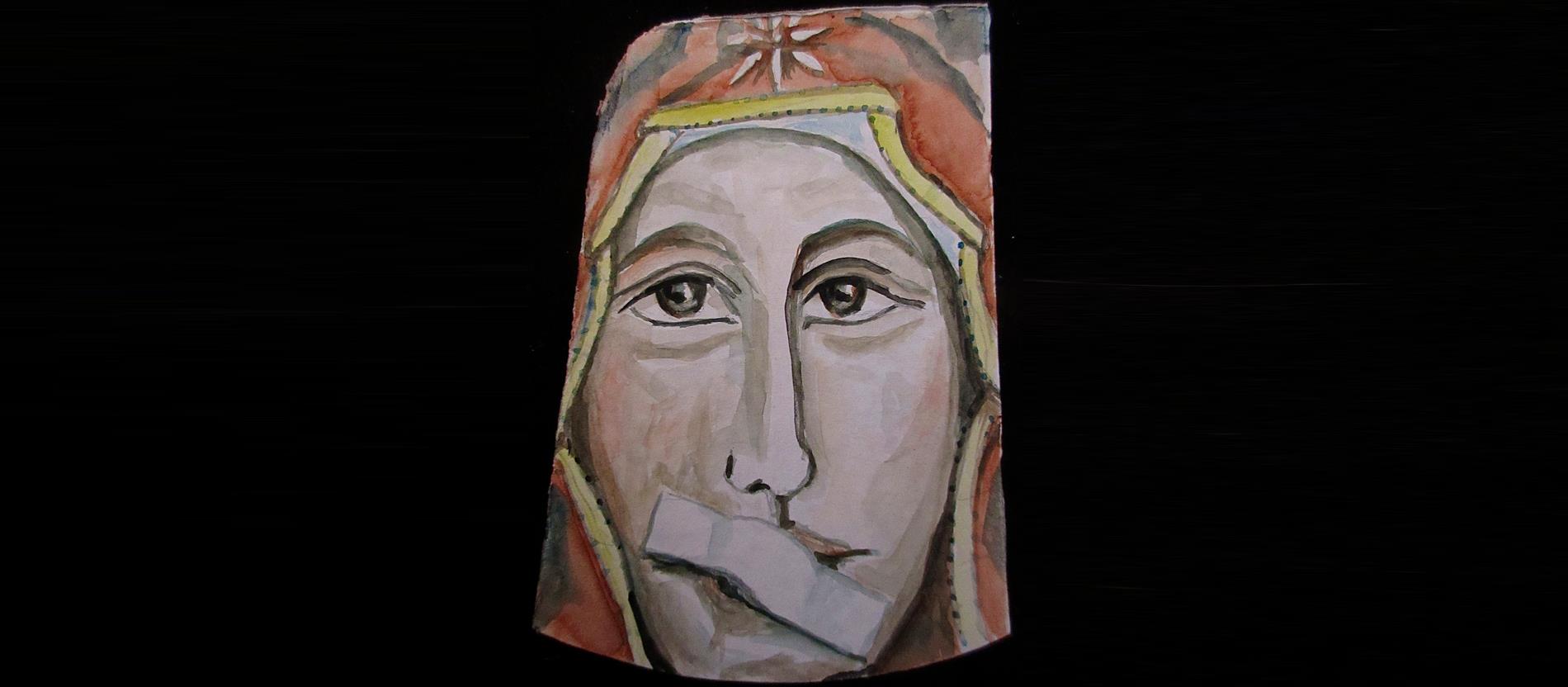 Maria mit einem zugeklebten Mund. Bis zum Kirchenstreik im Mai malt Lisa Kötter jeden Tag ein Frauenbild, das sie Frauen widmet, die zum Schweigen gezwungen wurden und werden. Eine Legende erzählt, dass der heilige Bernhard Maria Stillschweigen geboten habe auf Grund des Pauluszitats, dass die Frau in der Kirche zu schweigen habe.