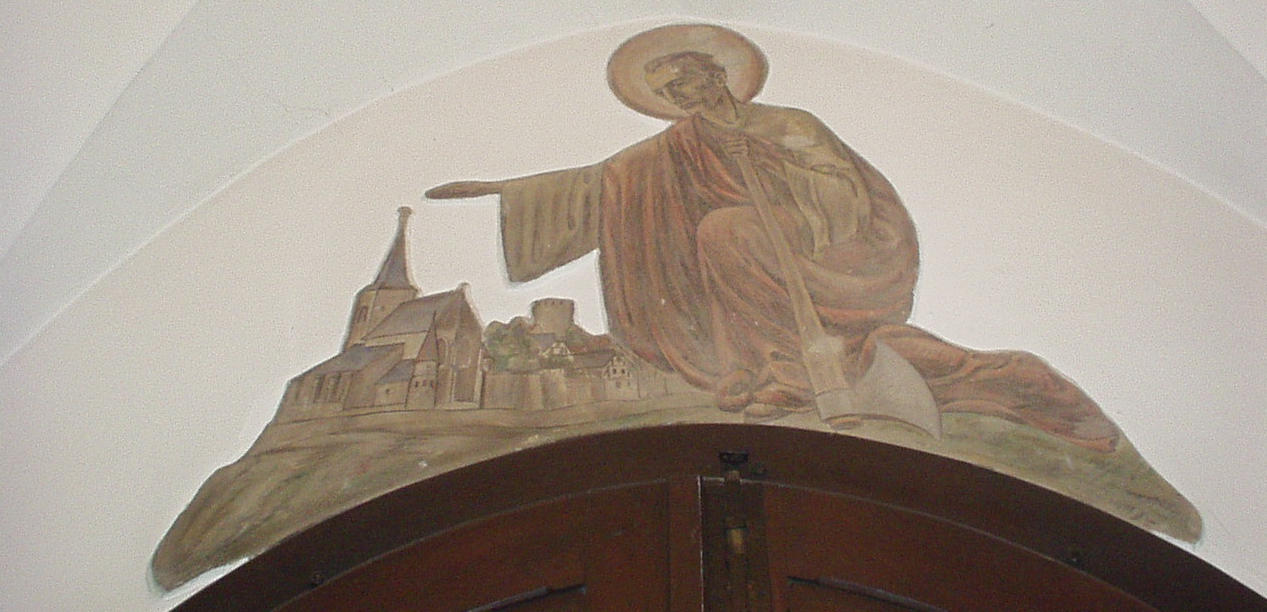 Pfarrkirche St. Matthias: Matthias-Fresco über dem Eingang