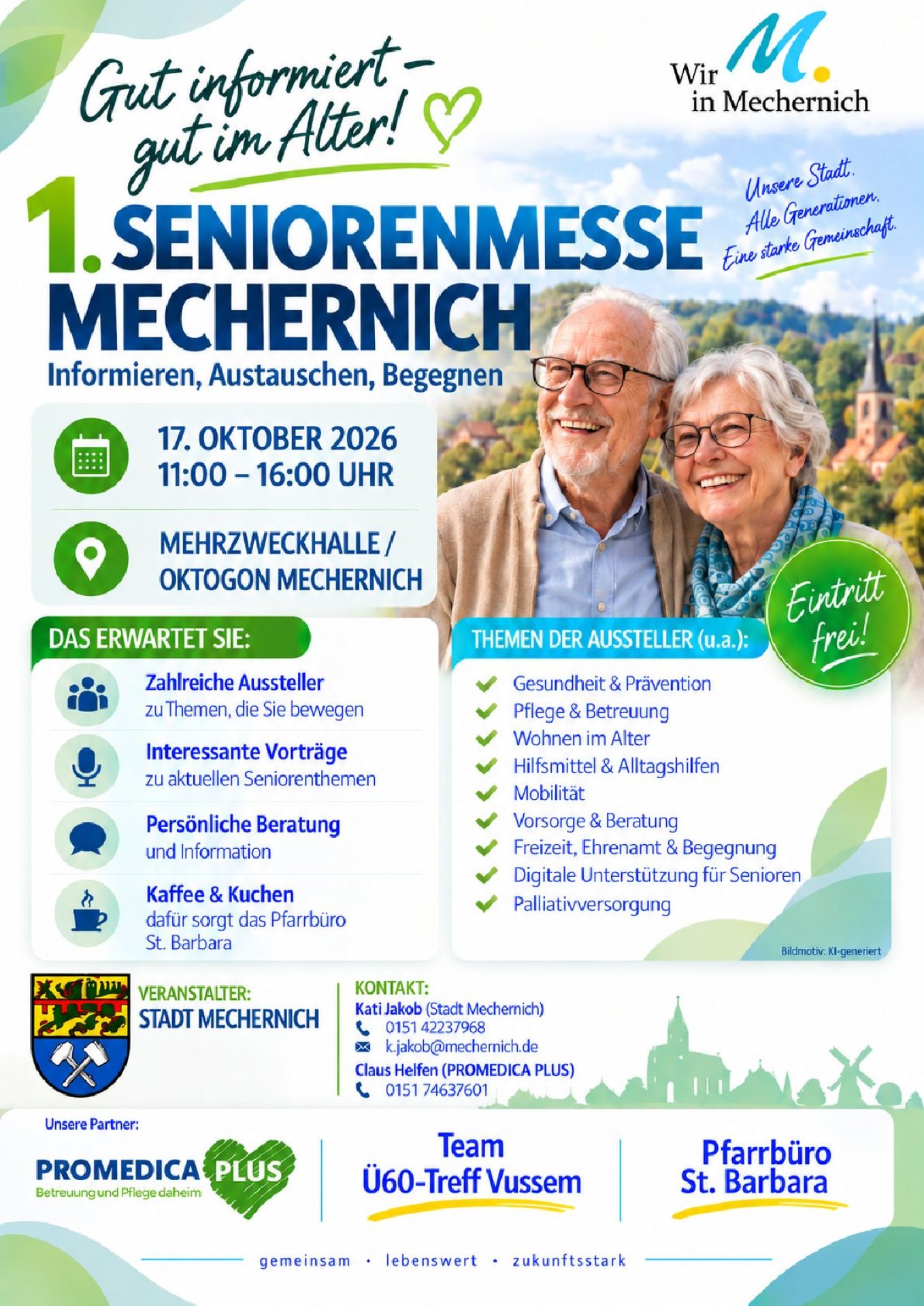 Caféteria, Vorträge und Infostände, unter anderem: Die Alzheimer Gesellschaft, das Kreiskrankenhaus Mechernich, die Parkinson-Gemeinschaft, PROMEDICA PLUS, die Caritas-Pflegestation, das Kreuserstift, das DRK und die Malteser.
