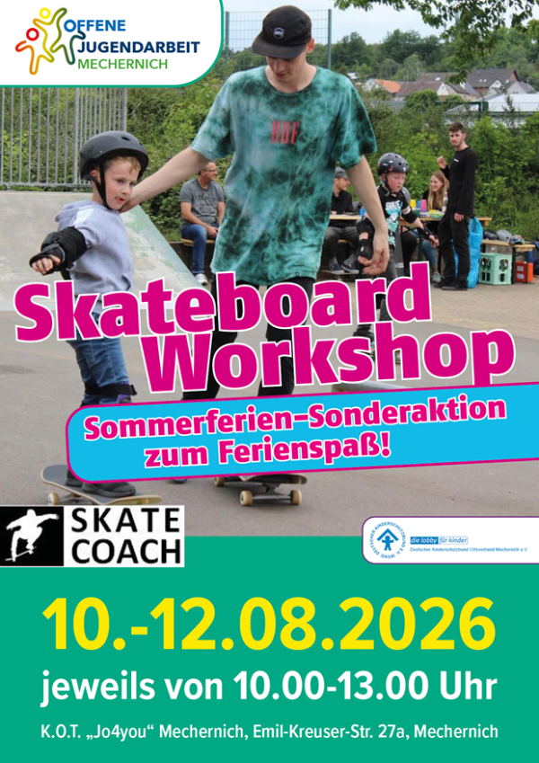 Unterstützt werden die jungen Skateboarder von erfahrenen Coaches der Kölner Skateboardschule „Skate-Coach“. Auf dem Programm stehen die Grundlagen des Skateboardfahrens, verschiedene Lenk- und Bremstechniken, richtiges Fallen sowie erste Tricks.