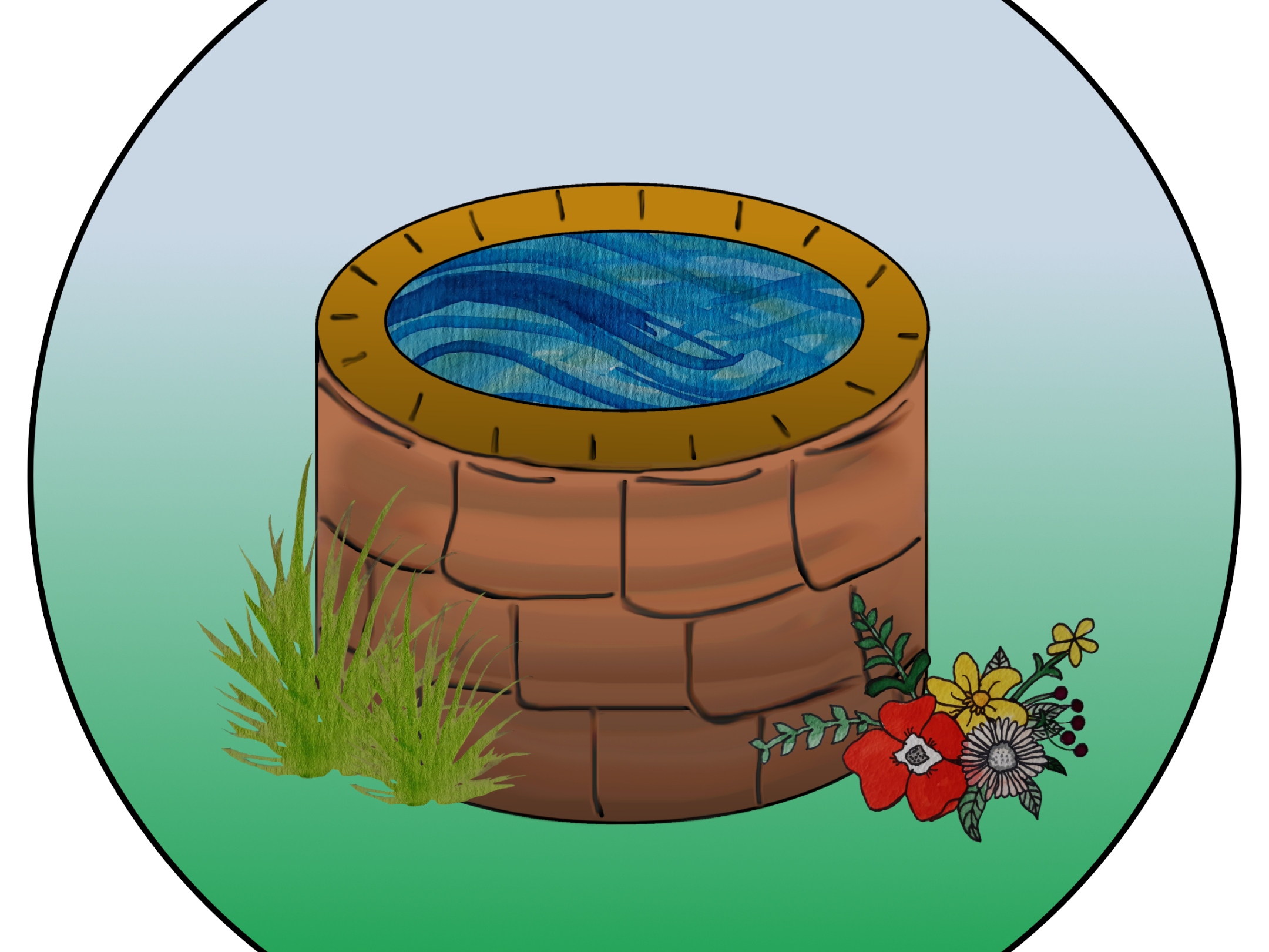 Kreisbild: gemalter Brunnen mit Gras und Blume davor