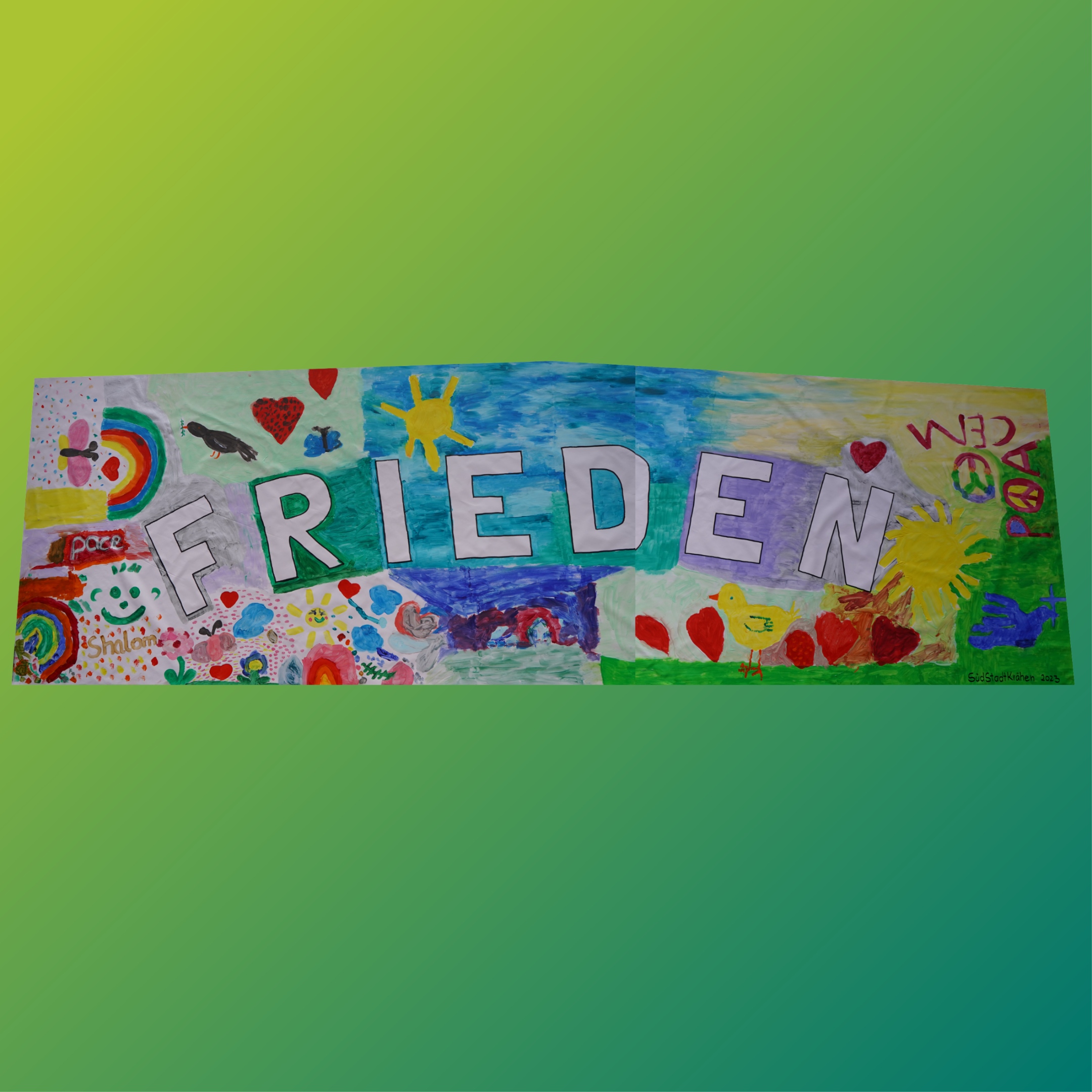 gemaltes Banner: mit dem Wort 'Frieden' in der Mitte und vielen Symbolen darin