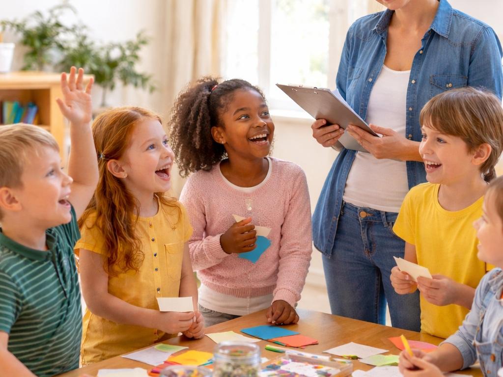 Vier Kinder stehen um einen Tisch und schauend lachend zu einer erwachsenen Frau auf.