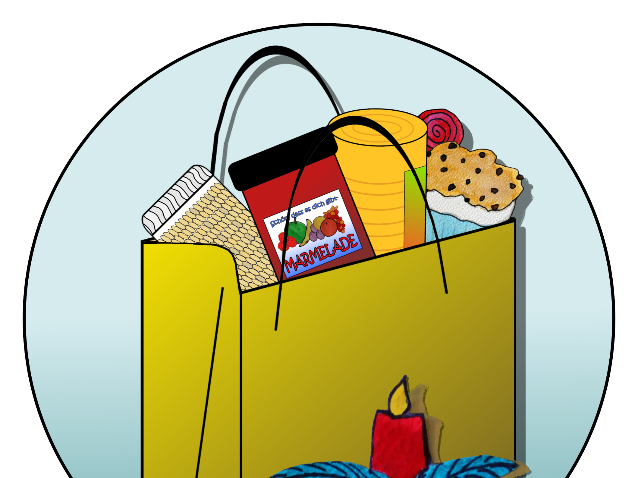 gemaltes Kreisbild: Tüte mit Konserven, Marmeladenglas und Muffin, davor brennende Kerze mit Tannengrün