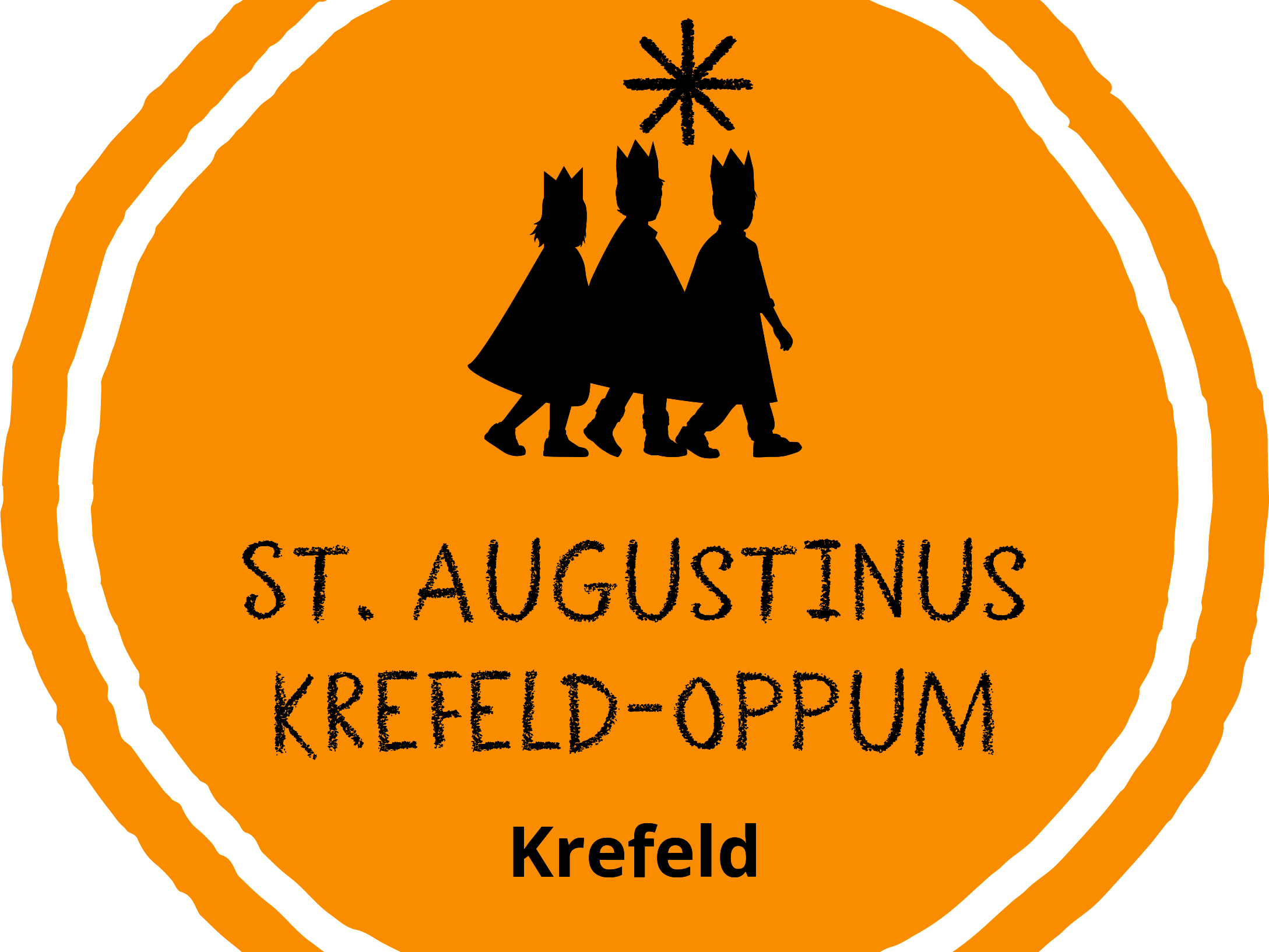 nicht ganz runden Kreis darin als Scherenschnitt: drei Könige mit Stern, darunter Schrift