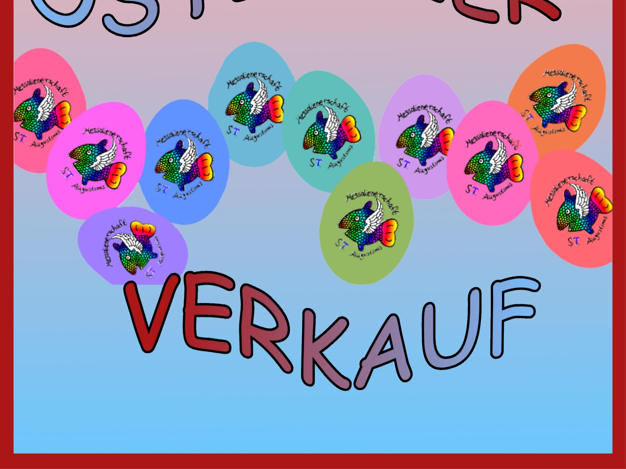 gemaltes Bild in rotem Rahmen: elf verschiedenfarbige Ostereier; darüber Titel