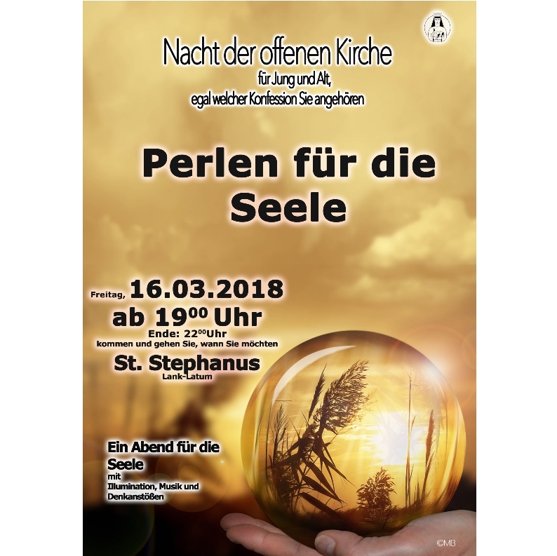 Plakat zur »Offenen Kirche« St. Stephanus am 16.03.2018 – »Perlen für die Seele«