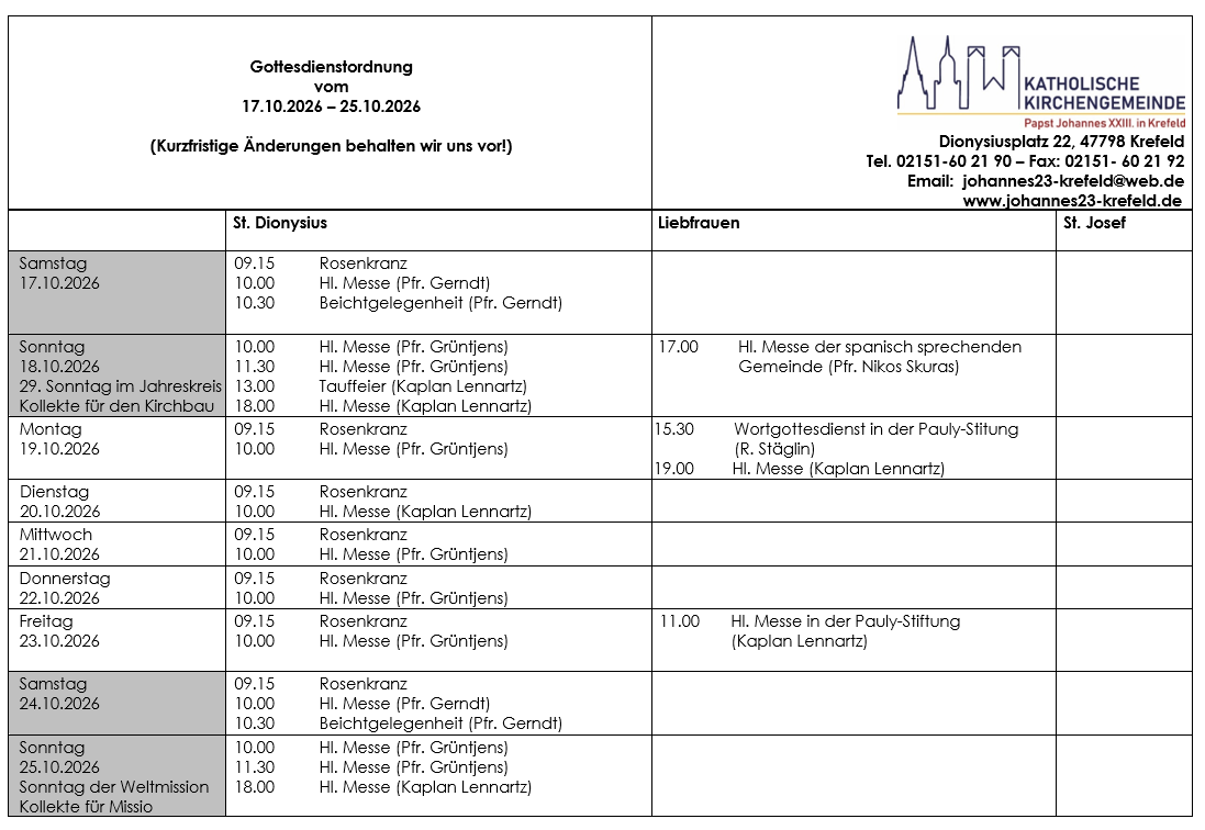 tabellarische Gottesdienstordnung mit Terminen